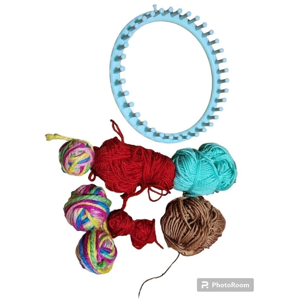 Blue Round Knitting Loom and Multicolor Yarns